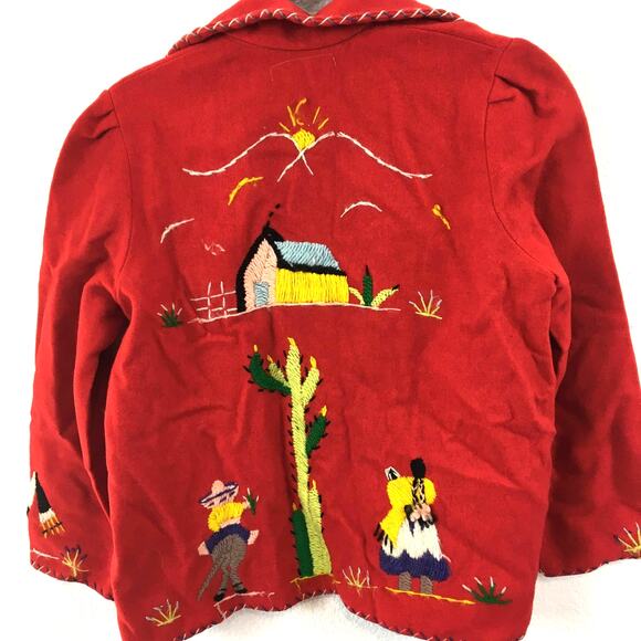 Embroidered Red Wool Jacket Vintage Made in Mexico Agave Horseshoe Sanchez - Picture 5 of 15